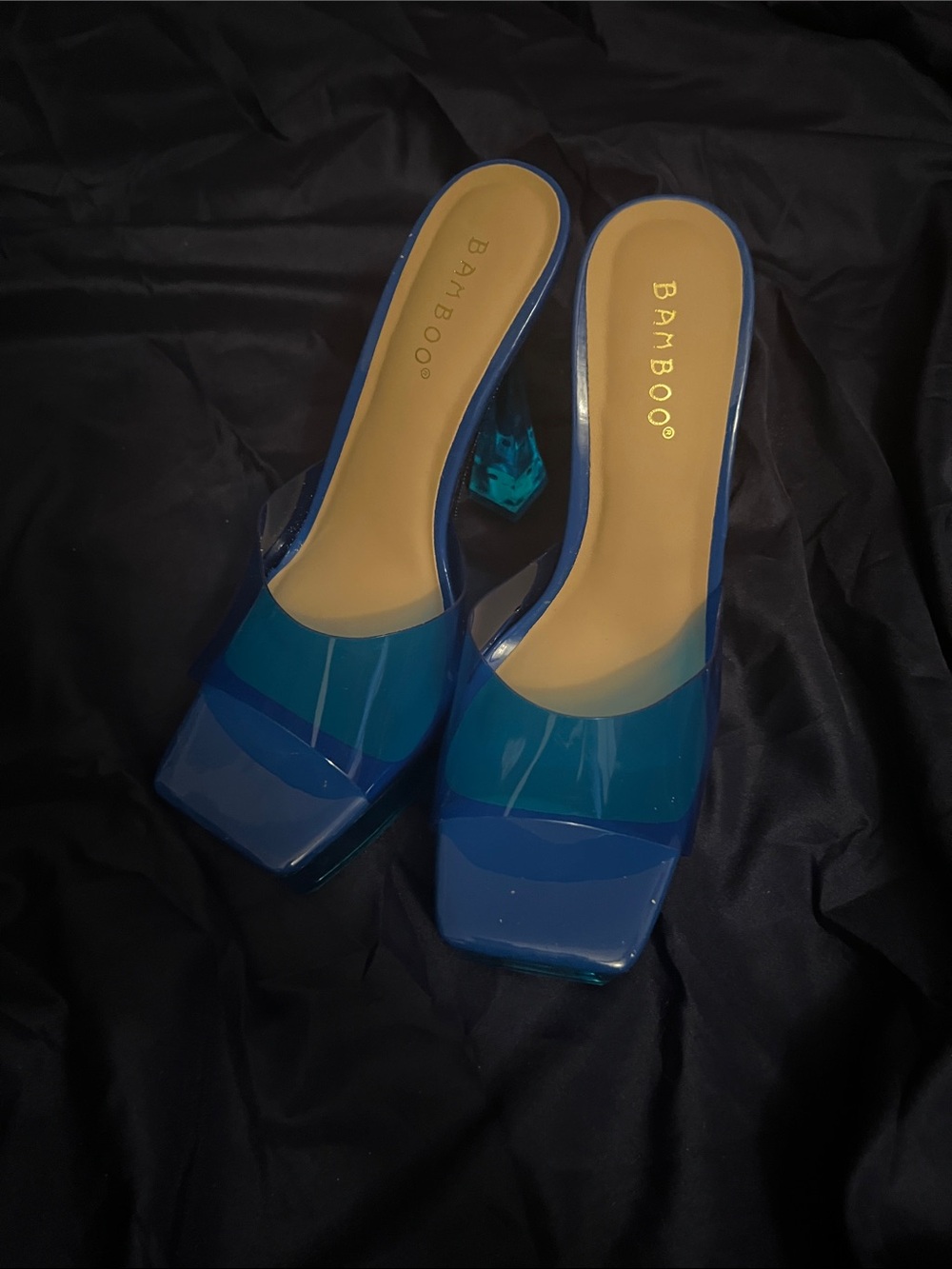 BAMBOO Blue Transparent Block Heel Mules